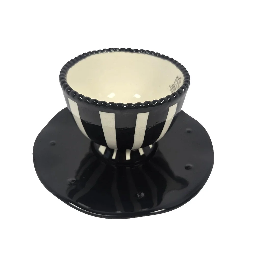 10 Strawberry Street Black White Stripe Ceramic Teacup Saucer Set Halloween